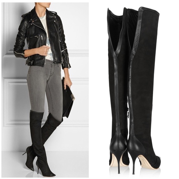 Sophia Webster Hallie Nubuck Leather Over the Knee Heel Boot in Black - Picture 2 of 16
